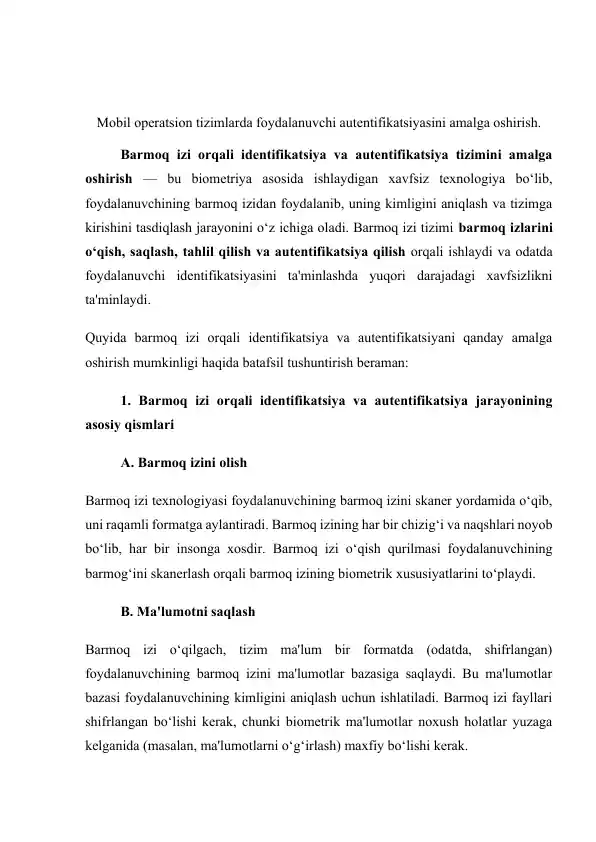 Barmoq izi orqali identifikatsiya va autentifikatsiya tizimi