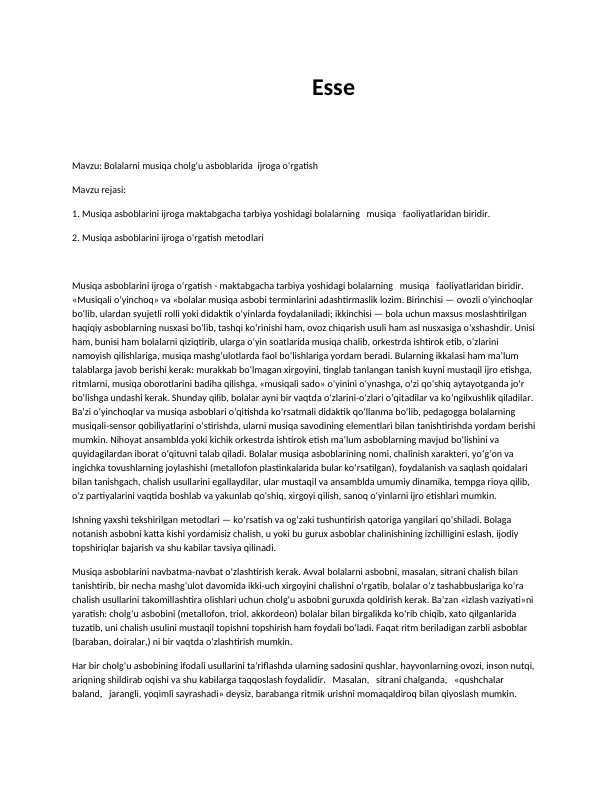 Bolalarni musiqа cholg‘u аsboblаridа ijrogа о‘rgаtish essey