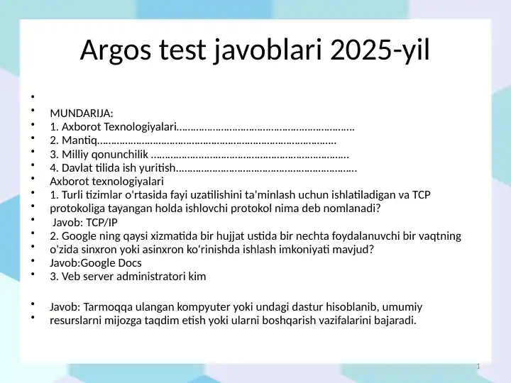 Argos testjavoblari IQ testi bilan 2025-yil yangi