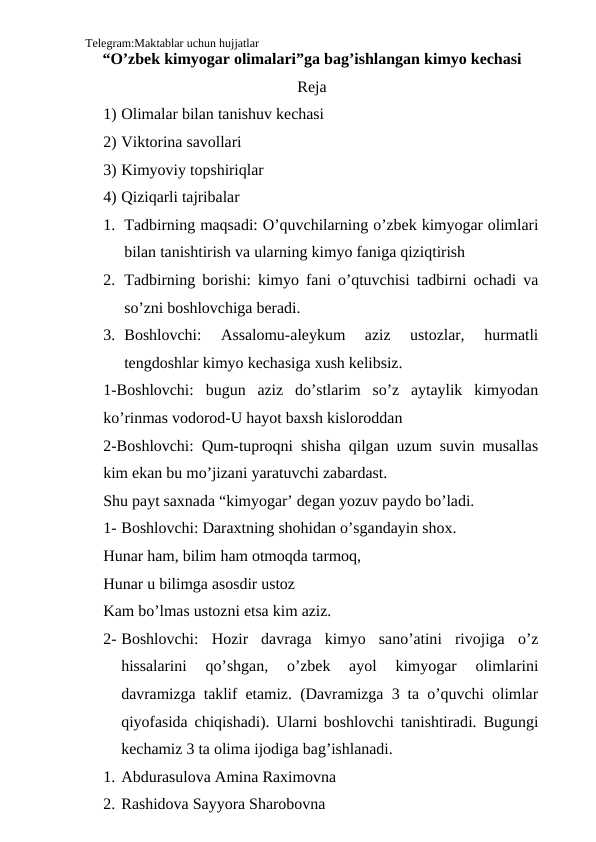 “O’zbek kimyogar olimalari”ga bag’ishlangan kimyo kechasi