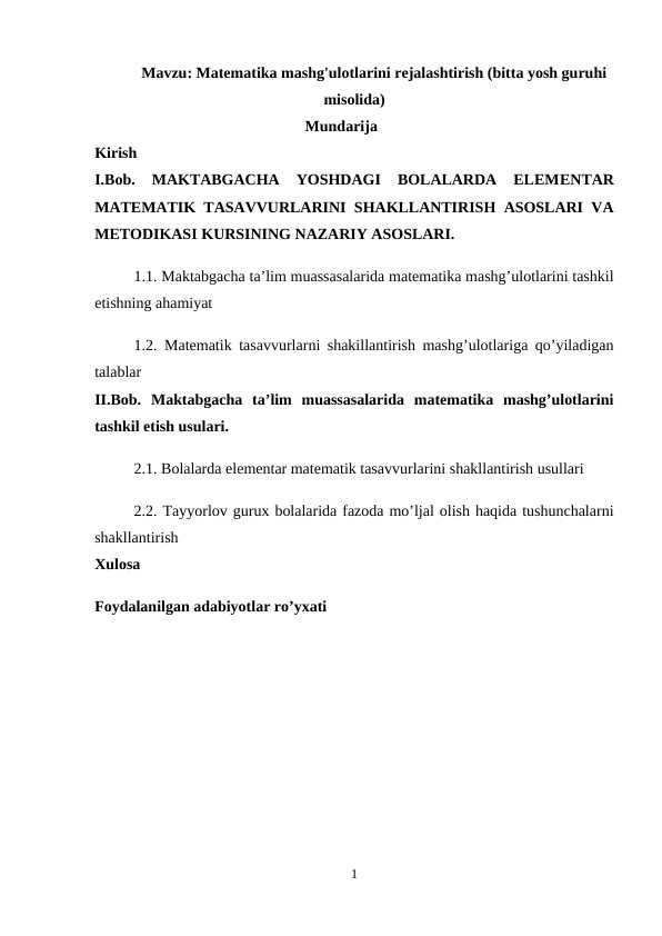 Matematika mashg'ulotlarini rejalashtirish (bitta yosh guruhi misolida)