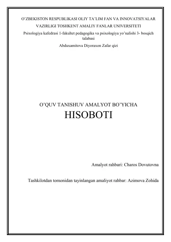 O’quv-tanishuv amalyot bo’yicha hisobot