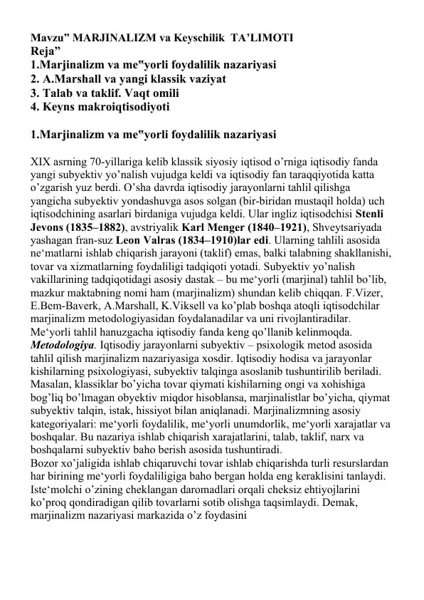 MARJINALIZM va Keynesilik TA’LIMOTI