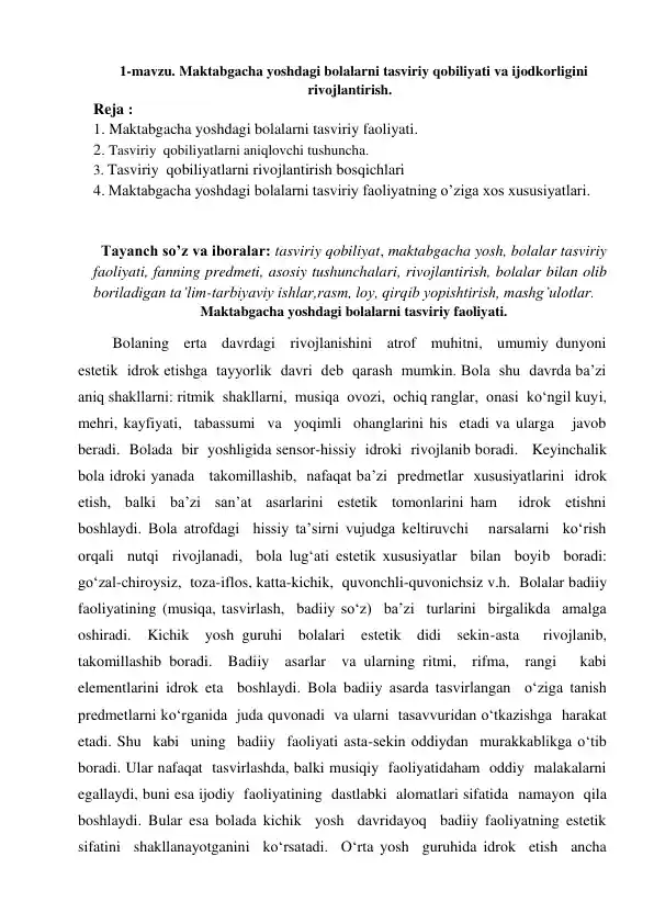 Maktabgacha yoshdagi bolalarni tasviriy qobiliyati va ijodkorligini rivojlantirish