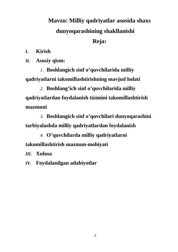 Milliy qadriyatlar asosida shaxs dunyoqarashining shakllanishi