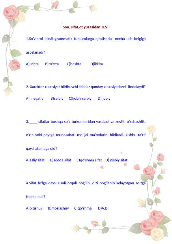 Ot, son, sifat yuzasidan 30 ta test