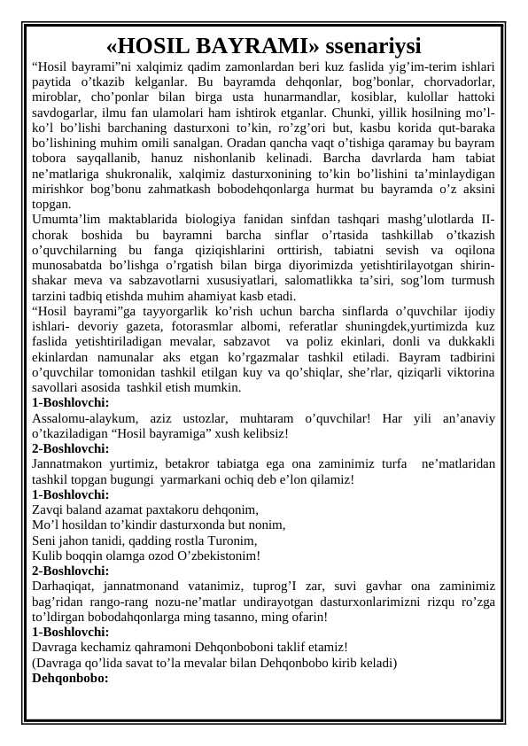 «HOSIL BAYRAMI» ssenariysi