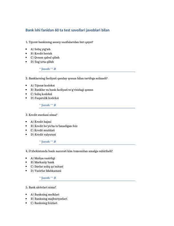 Bank ishi fanidan 60 ta test savollari javoblari bilan