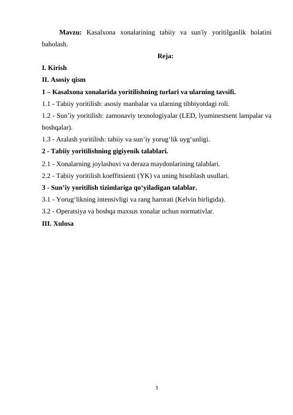 Kasalxona xonalarining tabiiy va sun'iy yoritilganlik holatini baholash