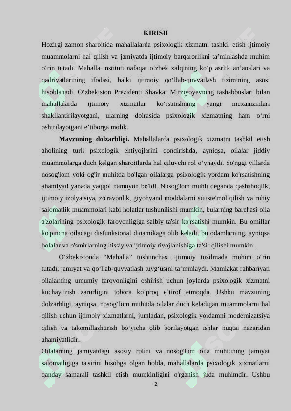 Mahallalarda psixologik xizmatni tashkil etishning ijtimoiy-psixologik asoslari (nosog’lom muhitdagi oilalar bilan ishlash)