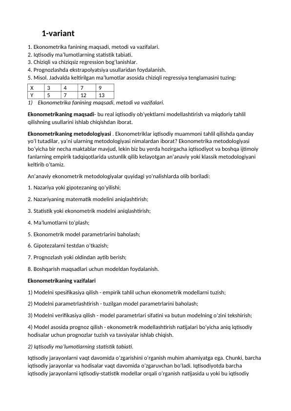 ekonometrika fanida test savollari va javoblari docx
