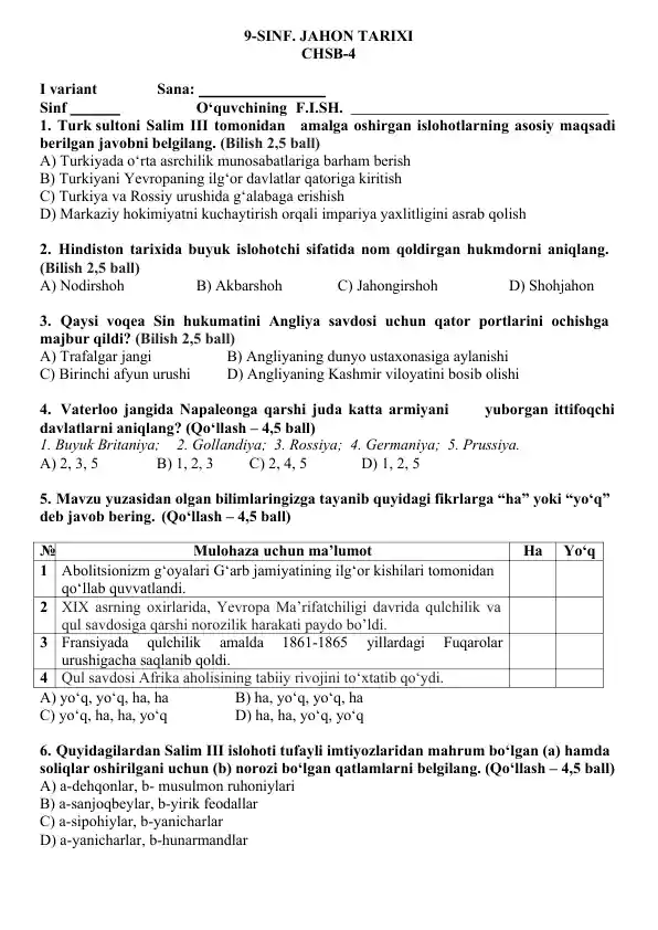 9-SINF. JAHON TARIXI СHSB-4