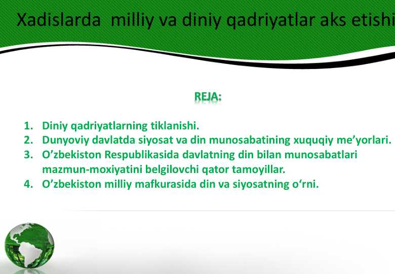 Xadislarda milliy va diniy qadriyatlar aks etishi