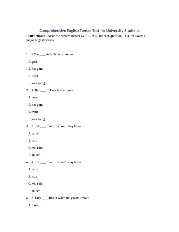 English Tenses Test Pack — 100 B2 Questions