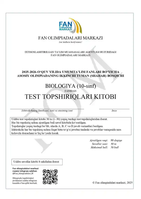 10 sinf BIOLOGIYA TEST TOPSHIRIQLARI KITOBI