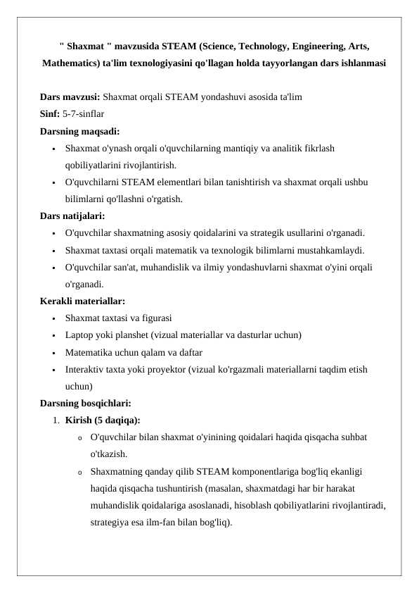 Shaxmat mavzusida STEAM