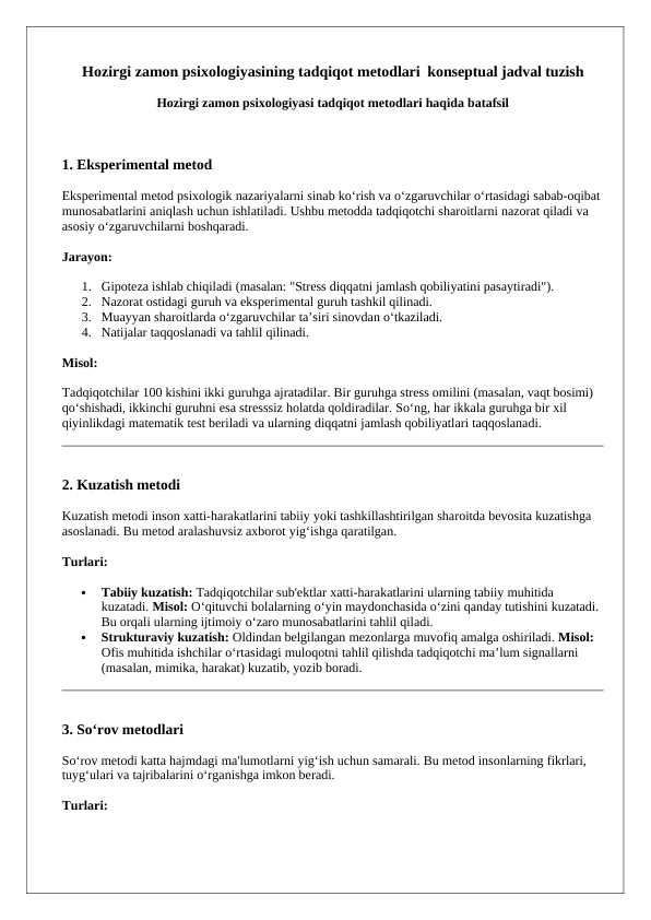 Hozirgi zamon psixologiyasining tadqiqot metodlari konseptual jadval tuzish