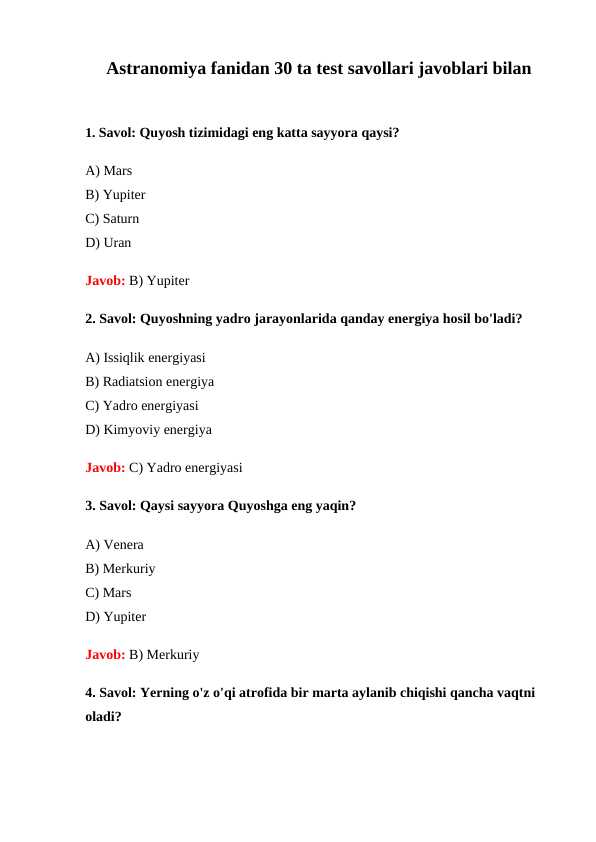 Astranomiya fanidan 30 ta test savollari javoblari bilan