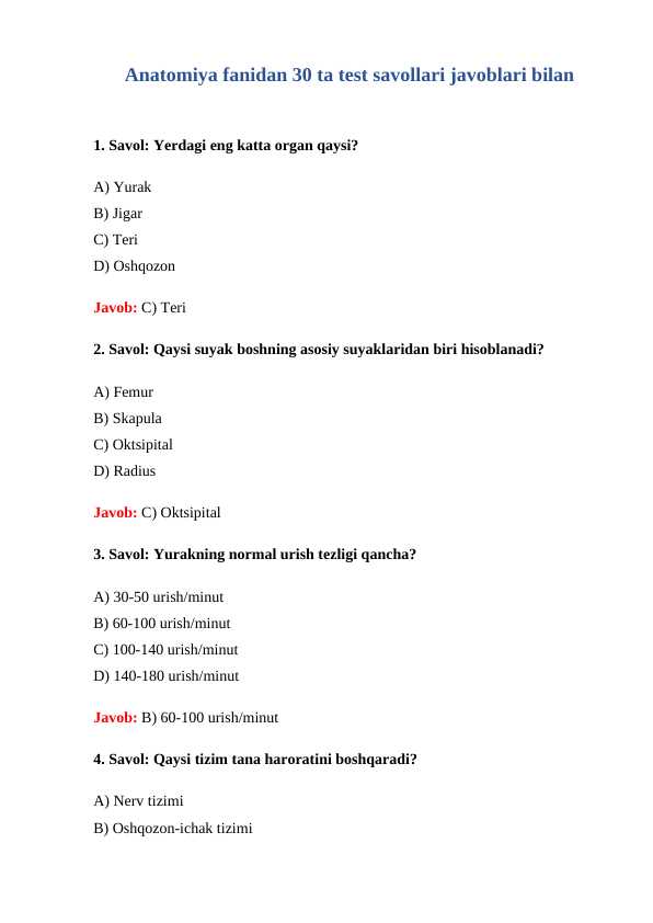 Anatomiya fanidan 30 ta test savollari javoblari bilan
