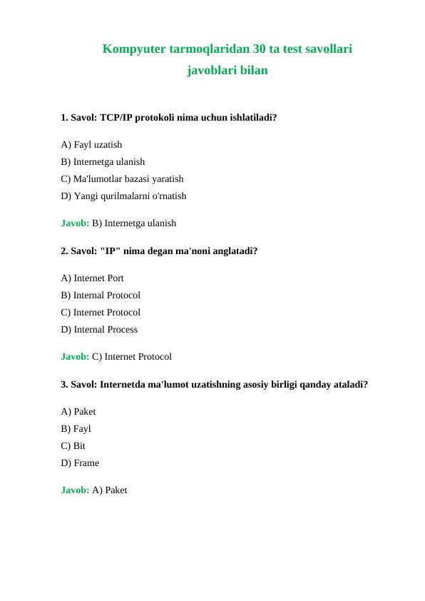Kompyuter tarmoqlaridan 30 ta test savollari javoblari bilan
