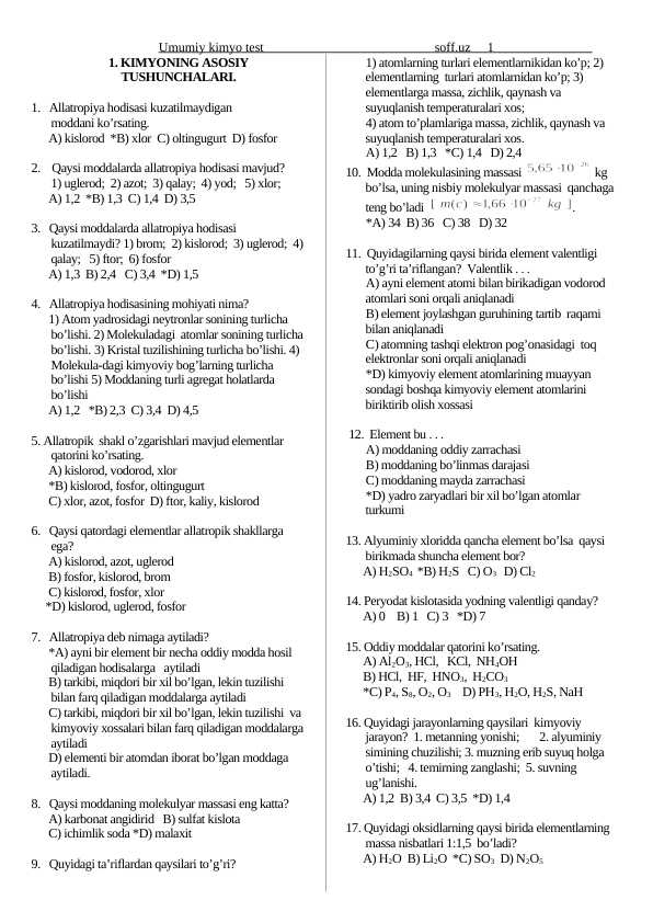 7-8-9-10-11 sinflarga kimyo fanidan mavzulashtirilgan testlar