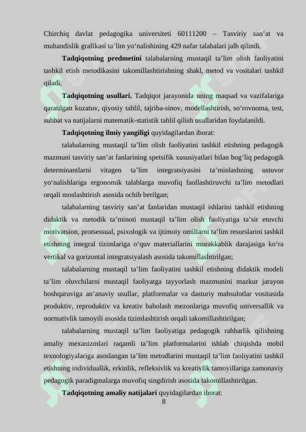 Talabalarning mustaqil ta'lim olish faoliyatini tashkil etish metodikasini takomillashtirish (Dissertatsiya)