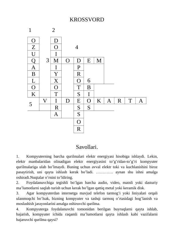 kompyuter taminoti fanidan krossvord