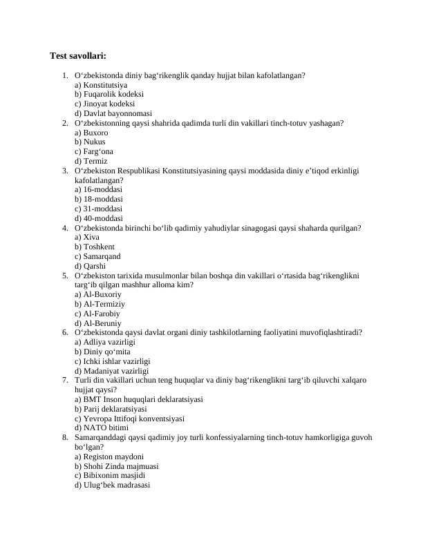 O‘zbekistonda konfessiyalararo diniy bag‘rikenglikning tarixiy tajribasi mavzusida test