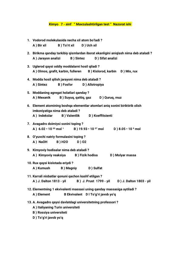 7-sinf Kimyo fanidan mavzulastirilgan Nazorat ishi uchun test