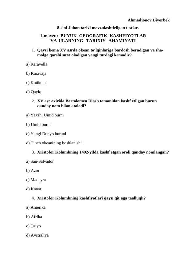 8-sinf Jahon tarixi mavzulashtirilgan testlar.test