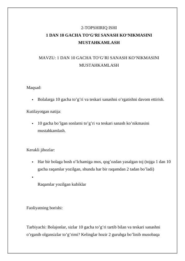 1 DAN 10 GACHA TO‘G‘RI SANASH KO‘NIKMASINI MUSTAHKAMLASH