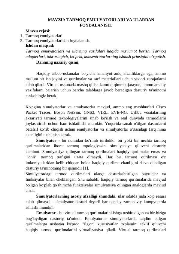 TARMOQ EMULYATORLARI VA ULARDAN FOYDALANISH