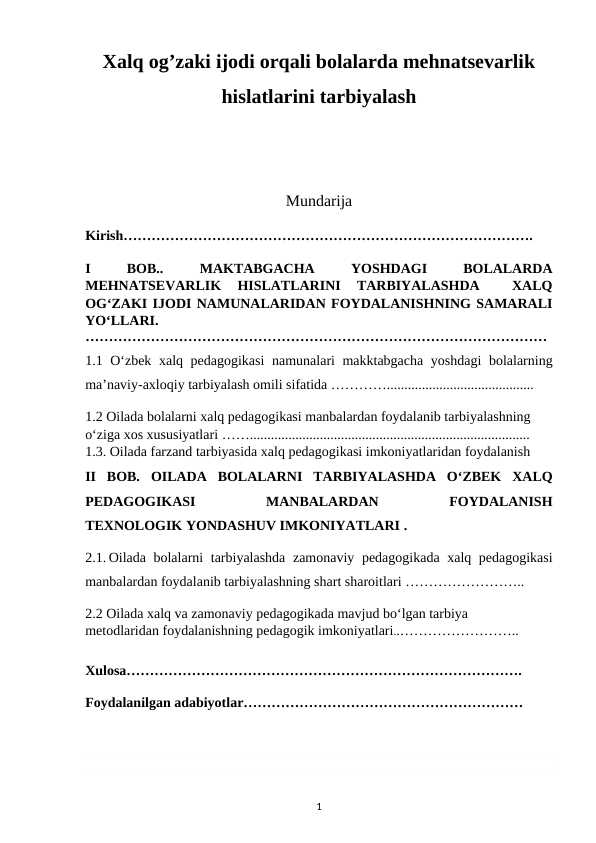 Xalq og’zaki ijodi orqali bolalarda mehnatsevarlik hislatlarini tarbiyalash