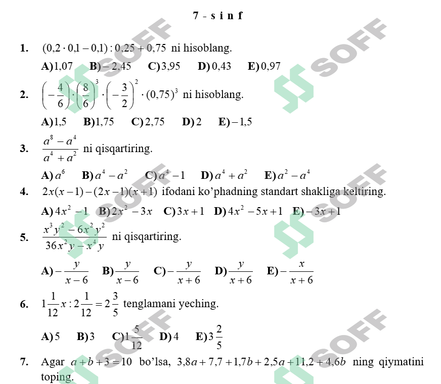 matimatika test 5-sinf 6-sinf 7-sinf 8-sinf 9-sinf 10-sinf | javobi
