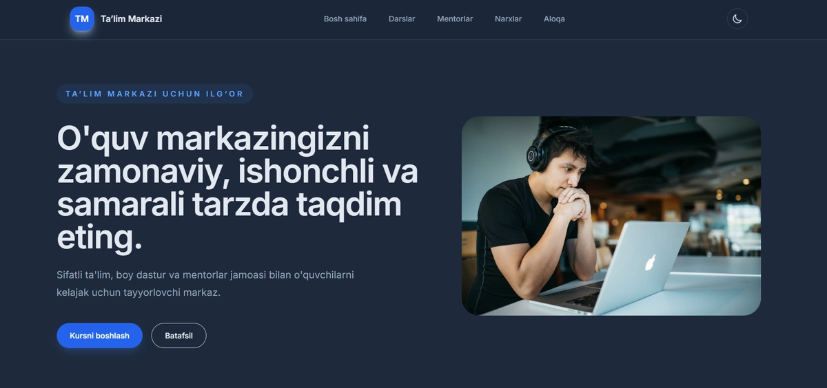 Ta'lim markazi uchun zamonaviy sayt (Google Sheets ulanishi bilan)