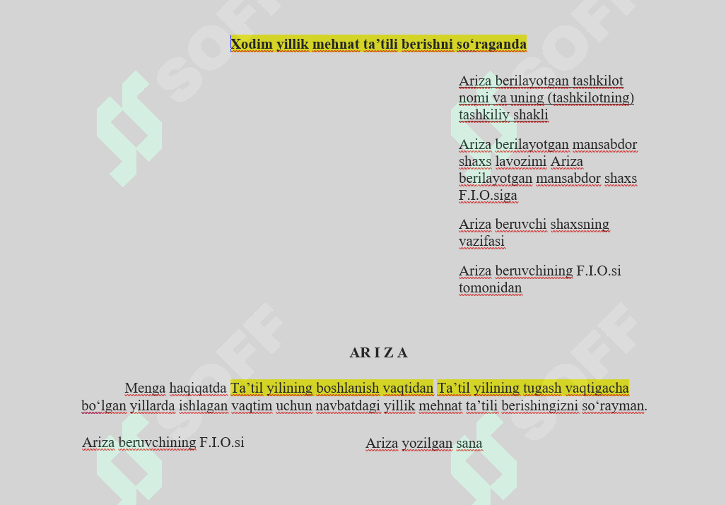 Xodim yillik mehnat ta’tilini olish ariza namunasi