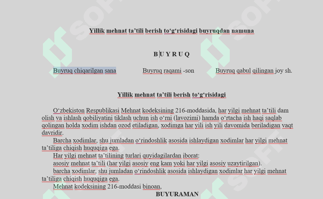 Yillik mehnat ta’tili berish to‘g‘risidagi buyruqdan namuna