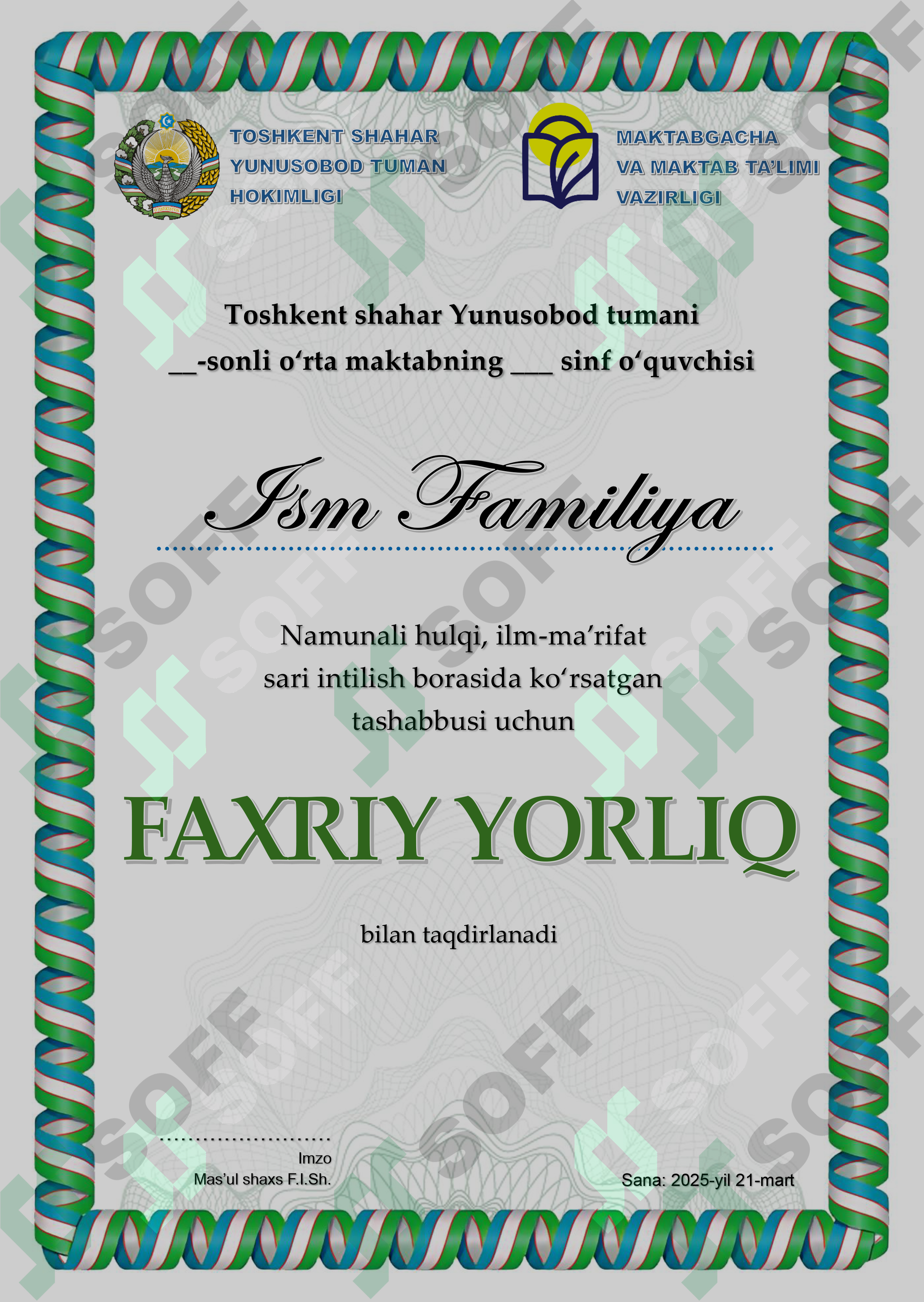 Faxriy yorliq shablon Word