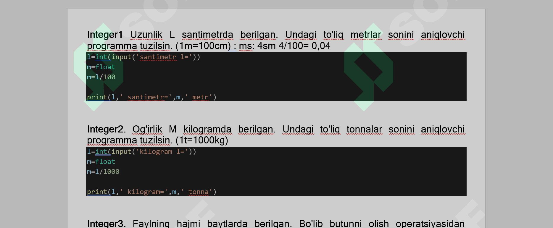 Pythonda butun son integer ga savollar va javoblari bilan