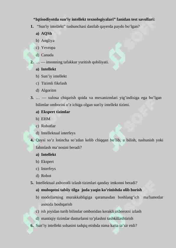 Iqtisodiyotda sun’iy intellekt texnologiyalari” fanidan test savollari