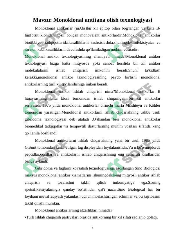 Monoklonal antitana olish texnologiyasi