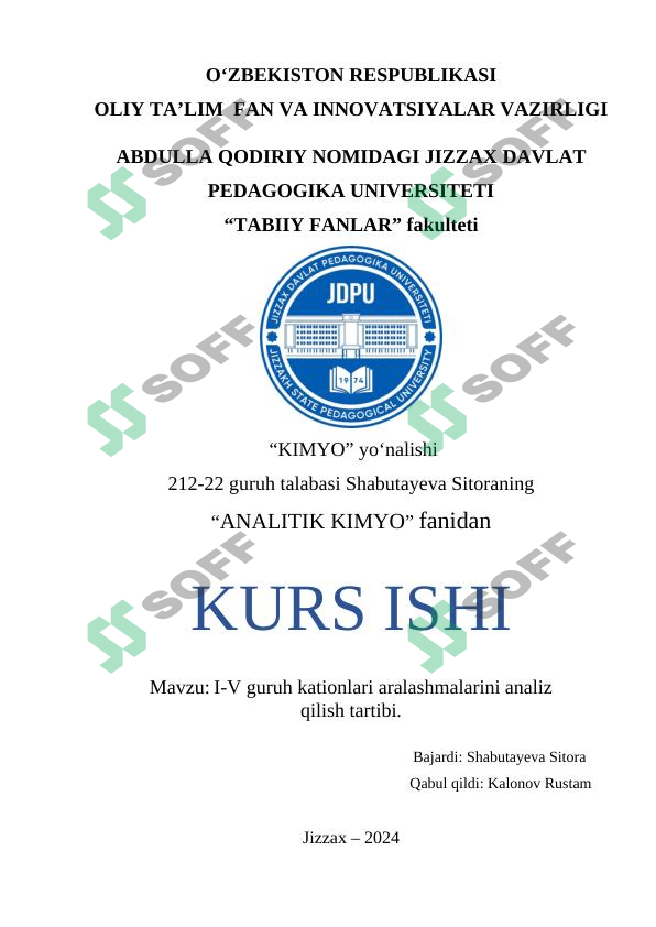 I-V guruh kationlari aralashmalarini analiz qilish tartibi.