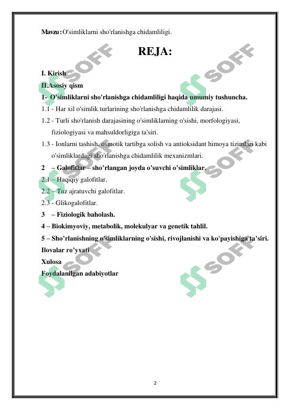 O'simliklarni sho'rlanishga chidamliligi