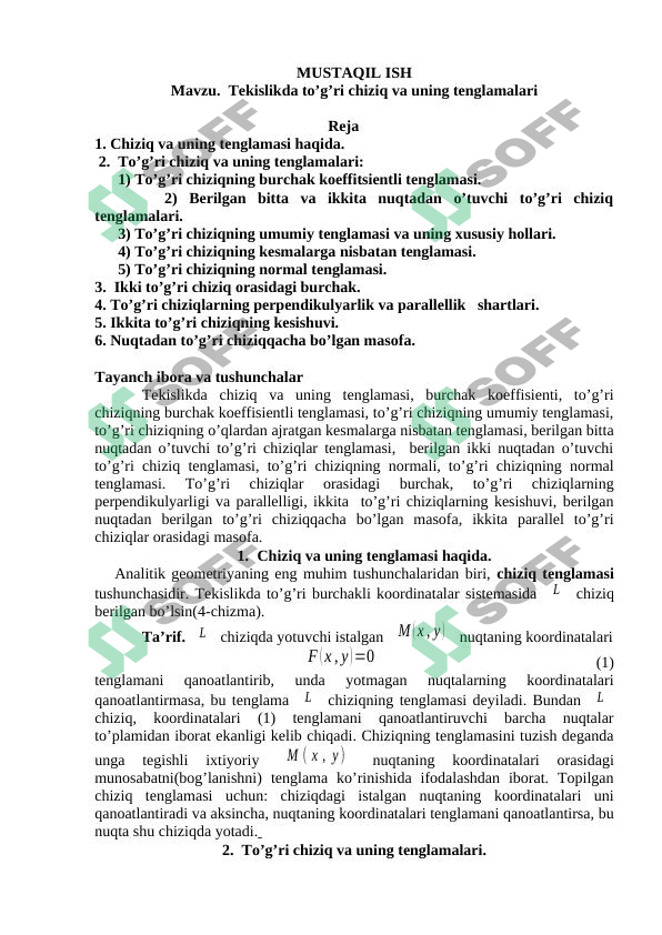 Tekislikda to’g’ri chiziq va uning tenglamalari