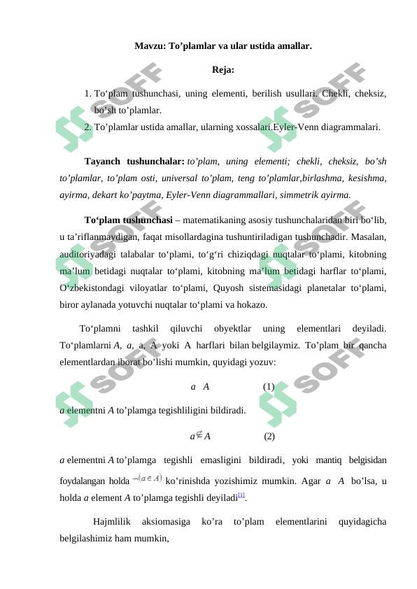 to'plamlar va ular ustida amallar