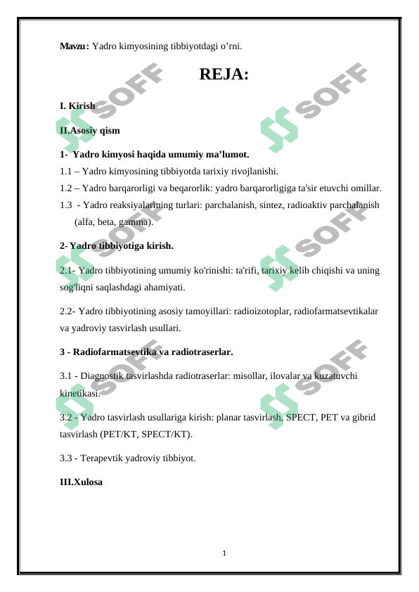 Yadro kimyosining tibbiyotdagi o’rni