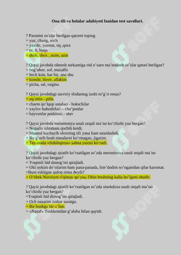 Ona tili va bolalar adabiyoti fanidan 350 talik test, javoblari bilan