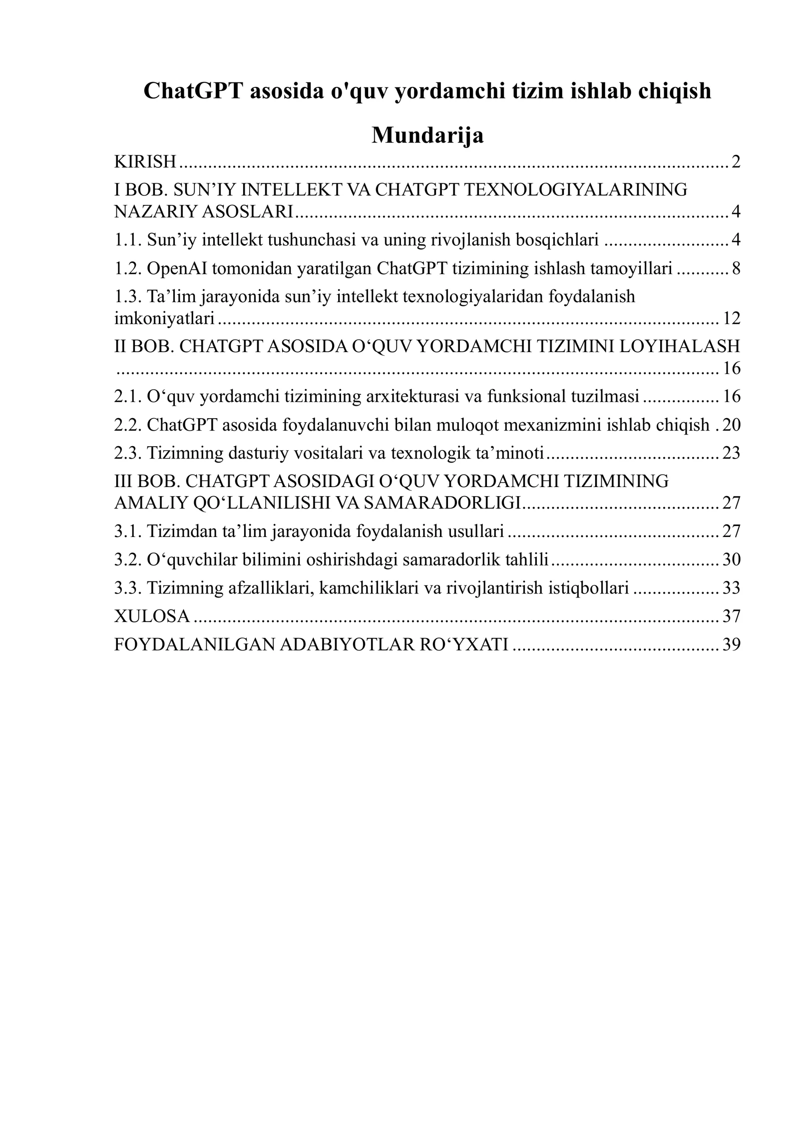 ChatGPT asosida o'quv yordamchi tizim ishlab chiqish