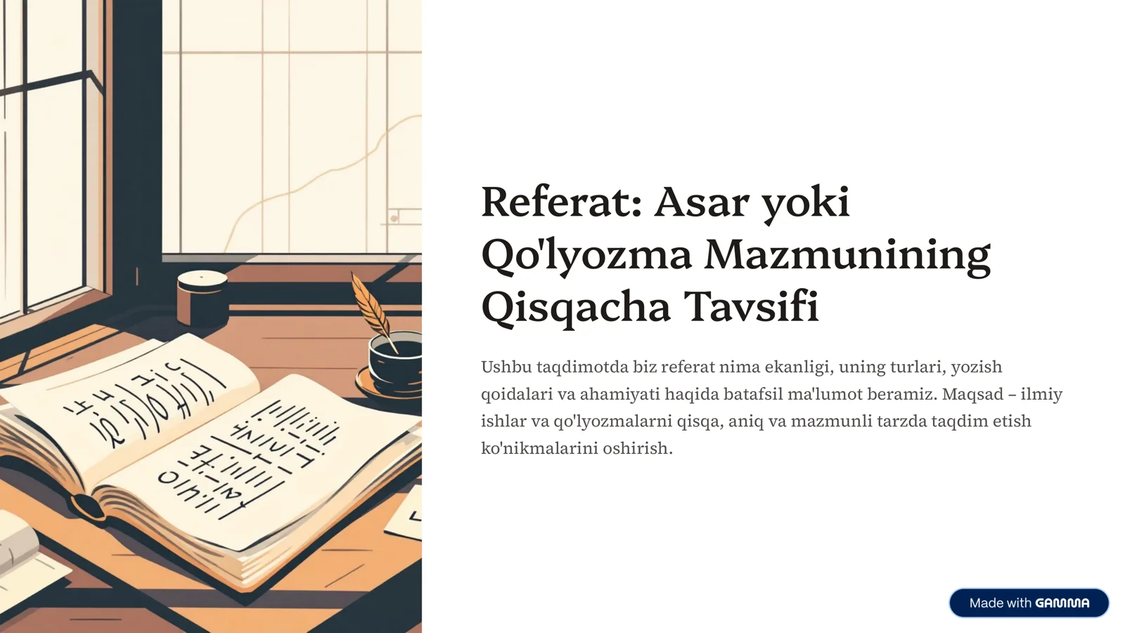 Referat: Asar yoki Qo'lyozma Mazmunining Qisqacha Tavsifi