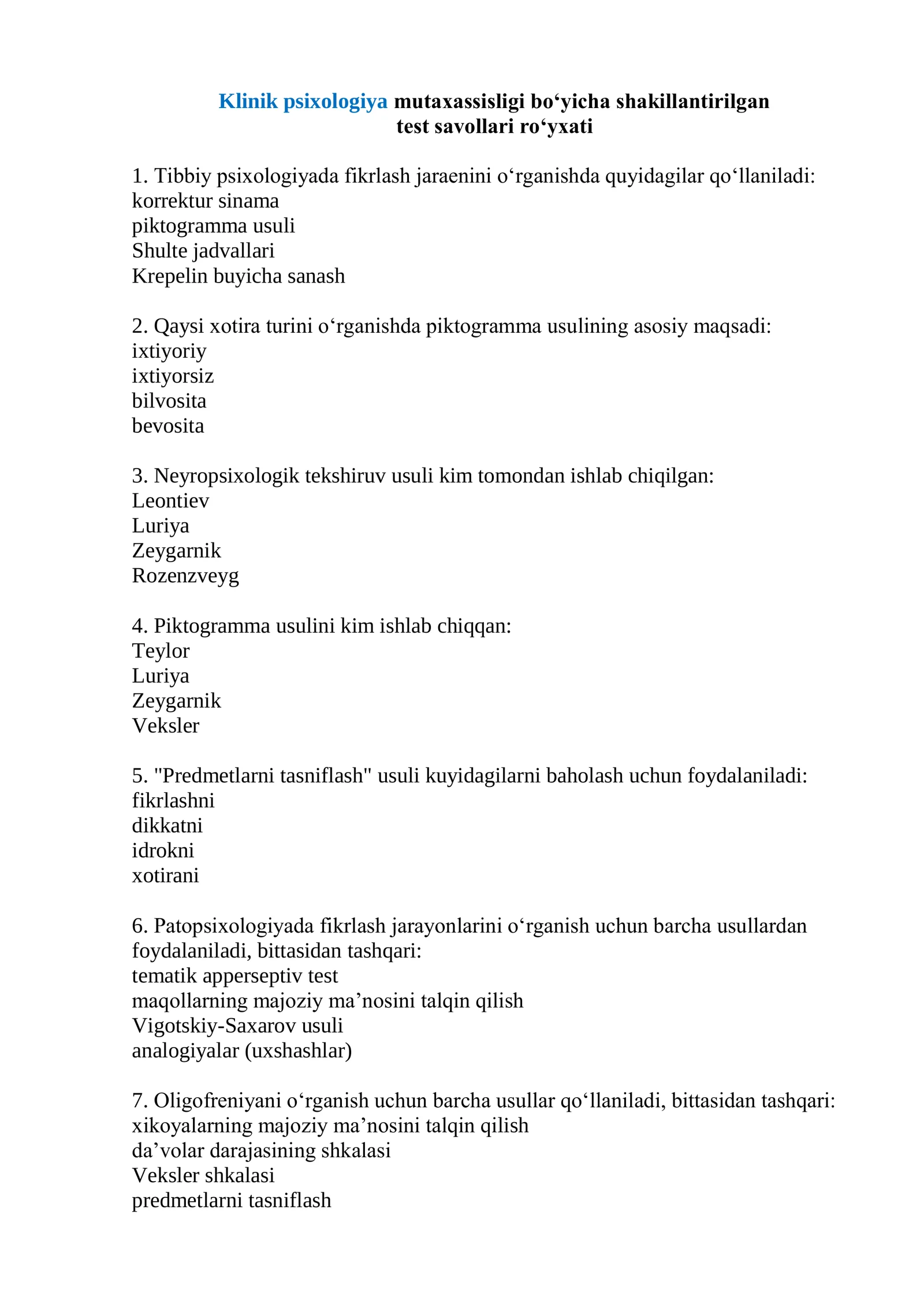 Klinik psixologiya mutaxassisligi boʻyicha shakillantirilgan test savollari roʻyxati 2026